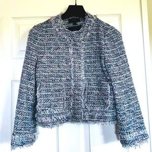 J. Crew size 6 Petite cropped jacket in a navy cream and peach tweed with fringe